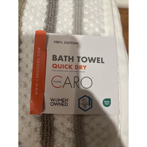 Caro Home Bath Towel Set Of 3 -White Gray Tan Stripe Plush - Quick Dry- NEW - Picture 4 of 5
